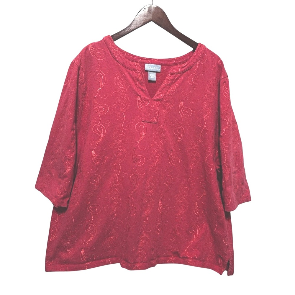 Liz‎ &Me Womens Artsy Paisley Tunic Top 2X Coral Boho Embroidered Mature Office